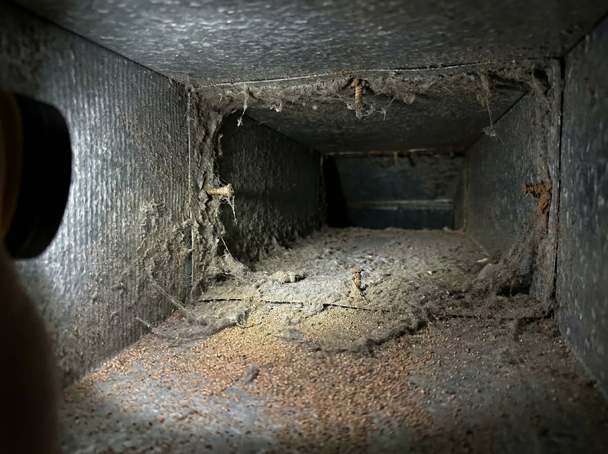 AC air duct interior before and after cleaning in Sharjah, thick dust removed with a rotobrush machine