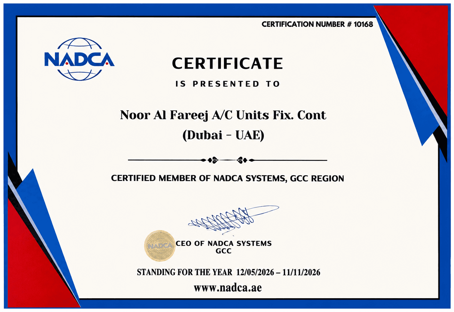 NADCA Systems GCC certificate number 10168, certified member of NADCA Systems, GCC Region