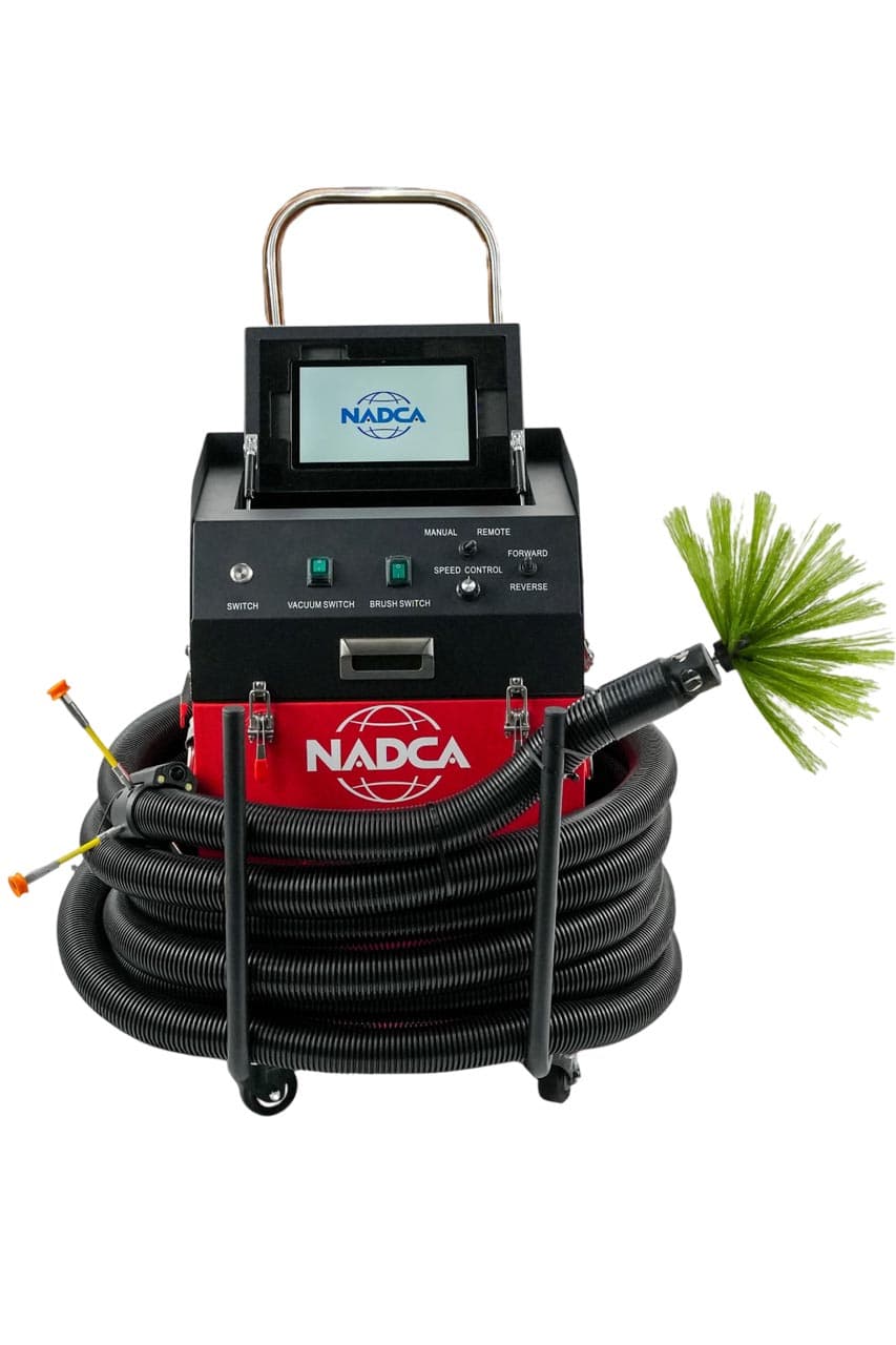 ABDALLA-1 air duct cleaning machine by NADCA Systems, touchscreen control, negative-air vacuum, coiled hose and rotary brush head