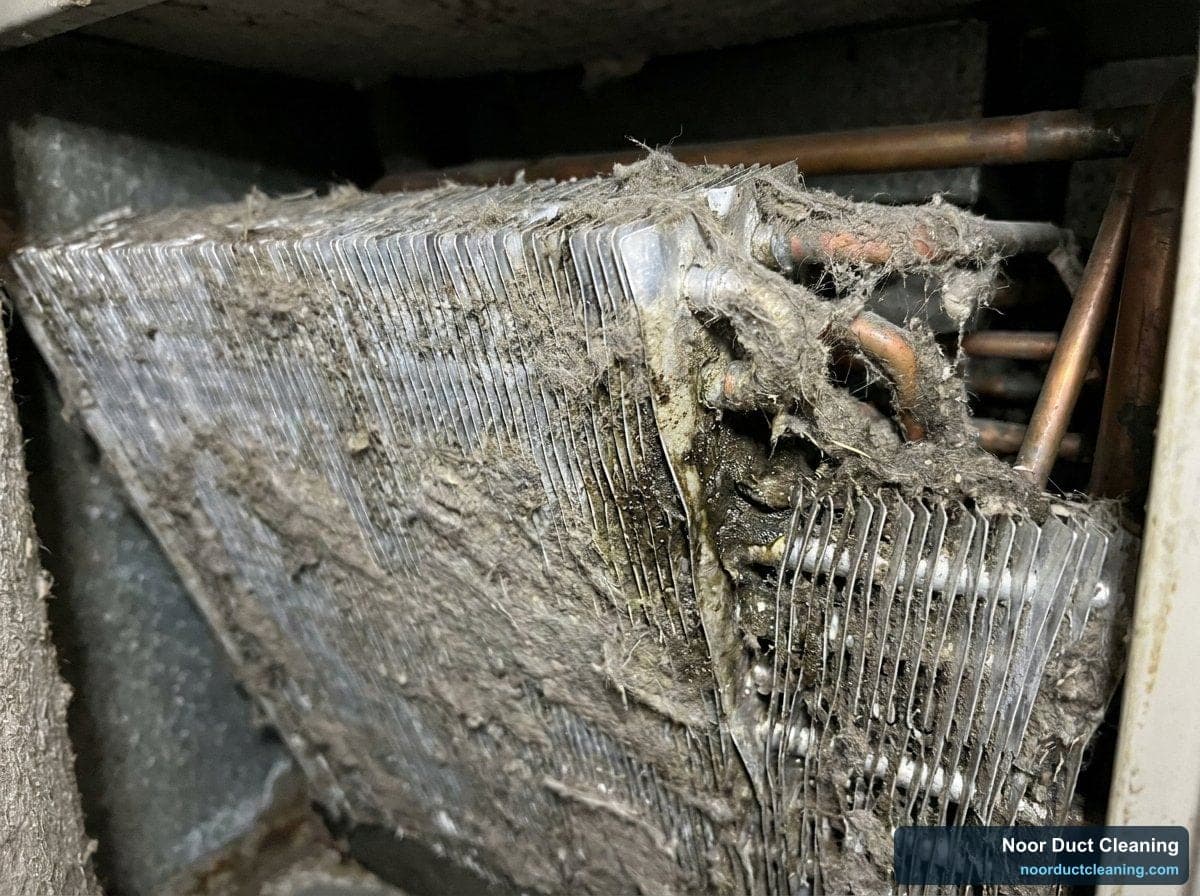 AC evaporator coil before and after cleaning, clogged dusty fins restored to clean aluminium