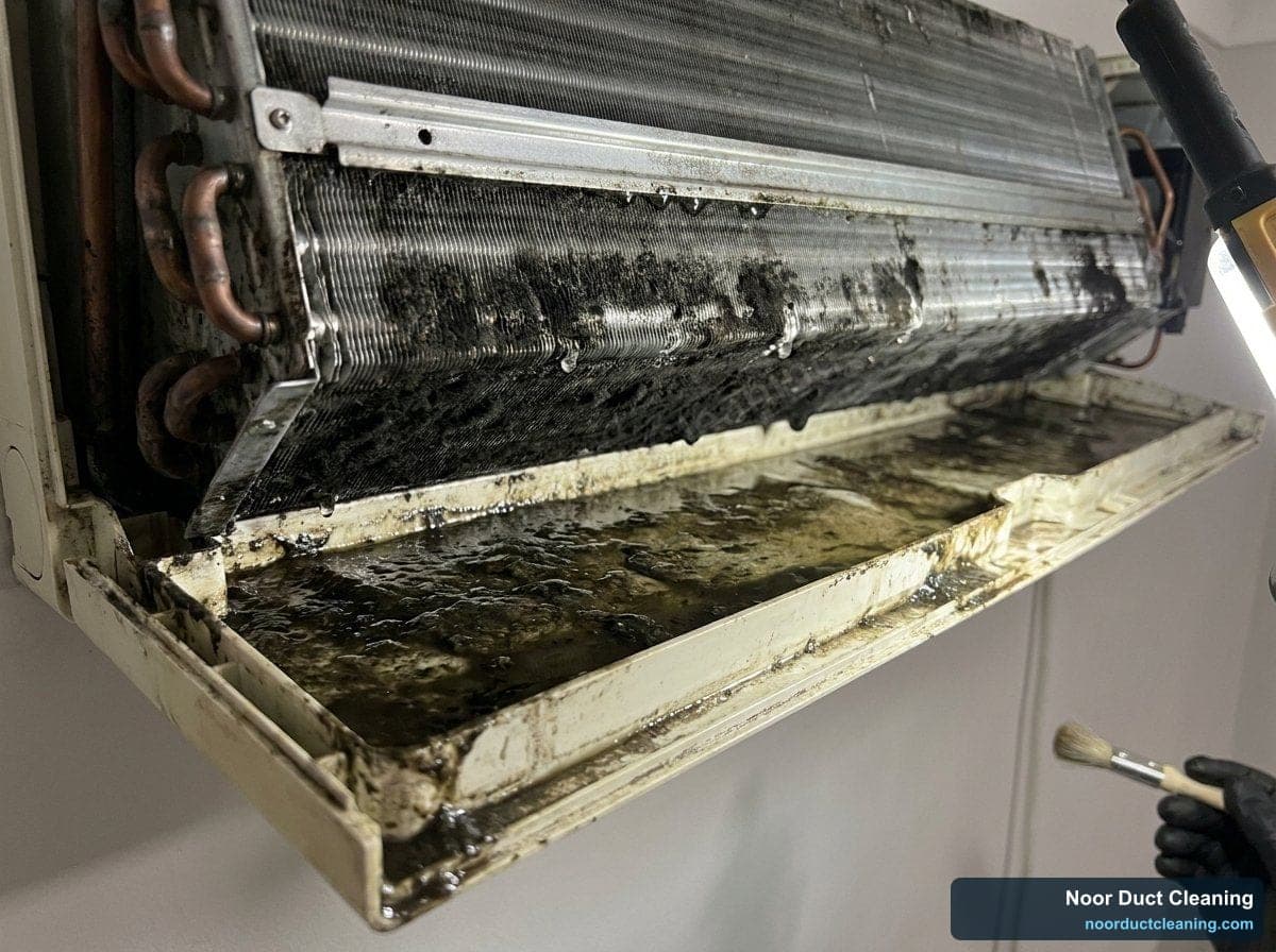 AC drain tray and coil before and after cleaning and sanitising, mould and biofilm removed