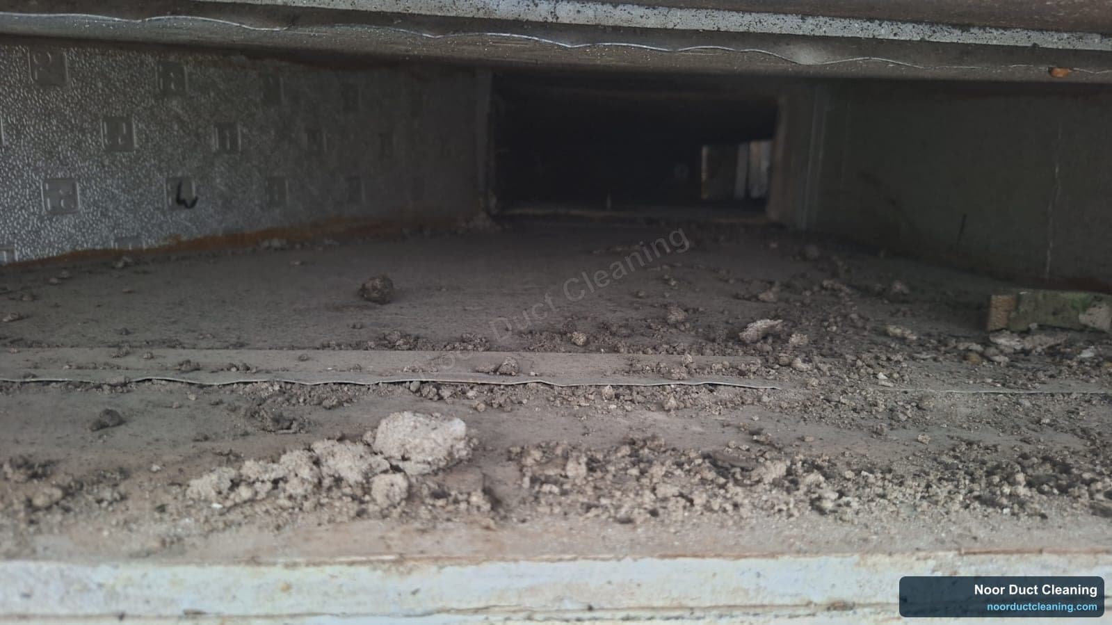 AC air duct interior before and after professional cleaning, heavy dust removed with a rotary brush and negative-air vacuum