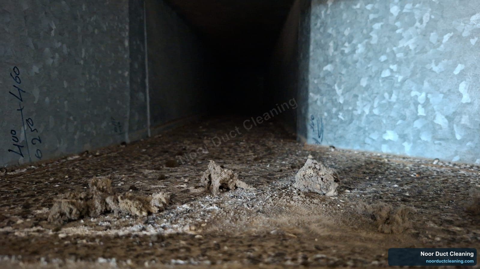 Dubai AC duct before and after cleaning, debris and insulation fragments cleared from the duct run