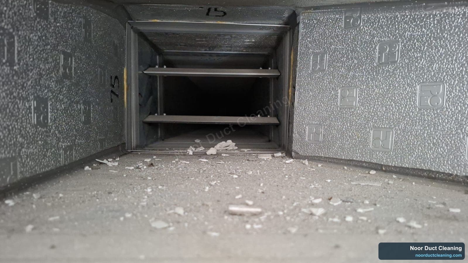 AC duct branch and grille take-off in a Dubai property before and after cleaning, trapped dust and debris cleared