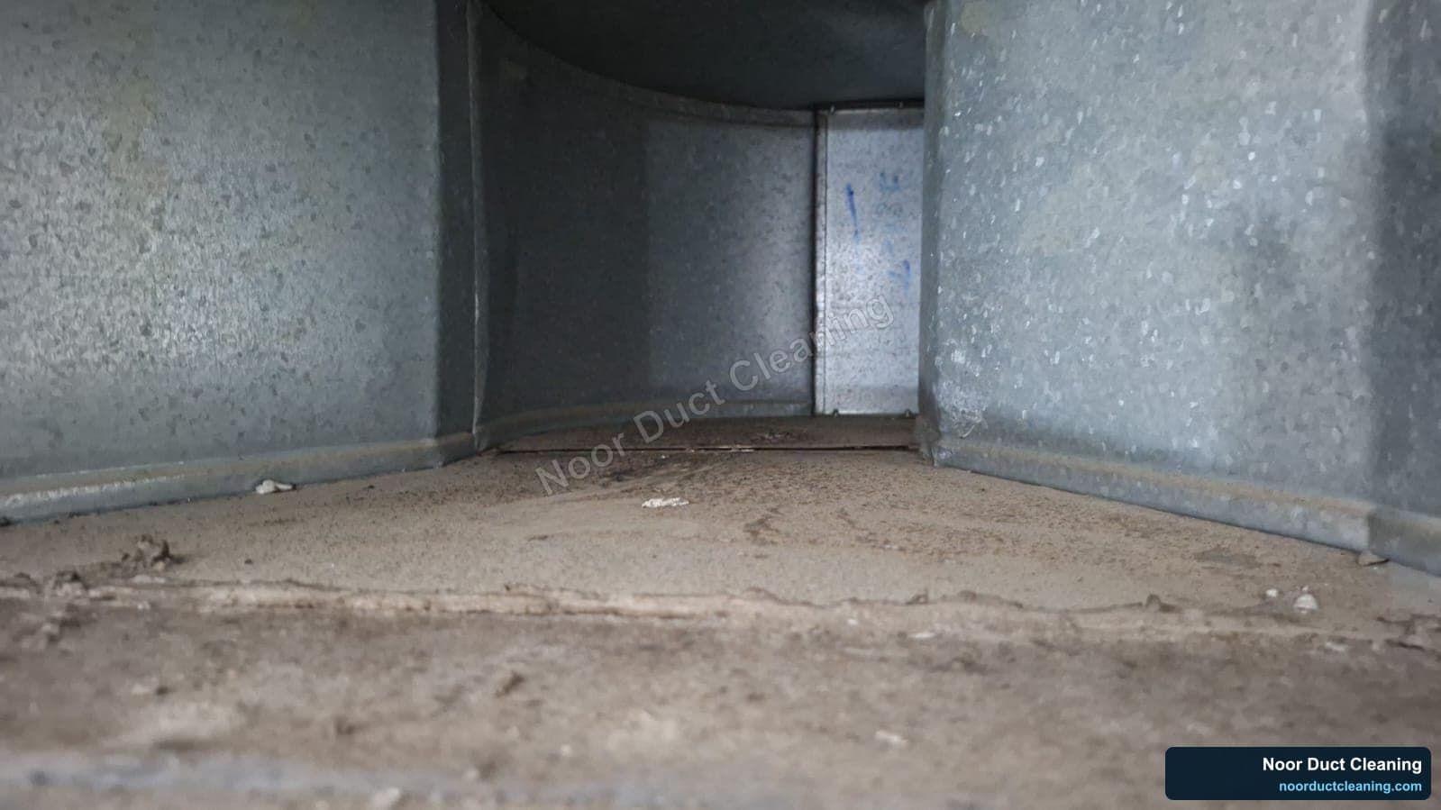 Inside an AC air duct before and after professional cleaning by Noor Duct Cleaning, genuine UAE job, dust and debris removed