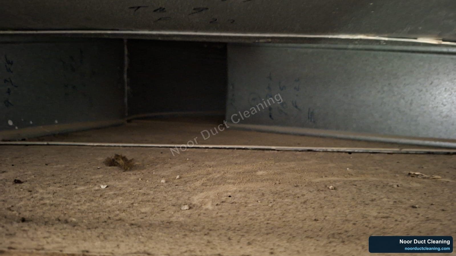 Inside an AC air duct before and after professional cleaning by Noor Duct Cleaning, genuine UAE job, dust and debris removed