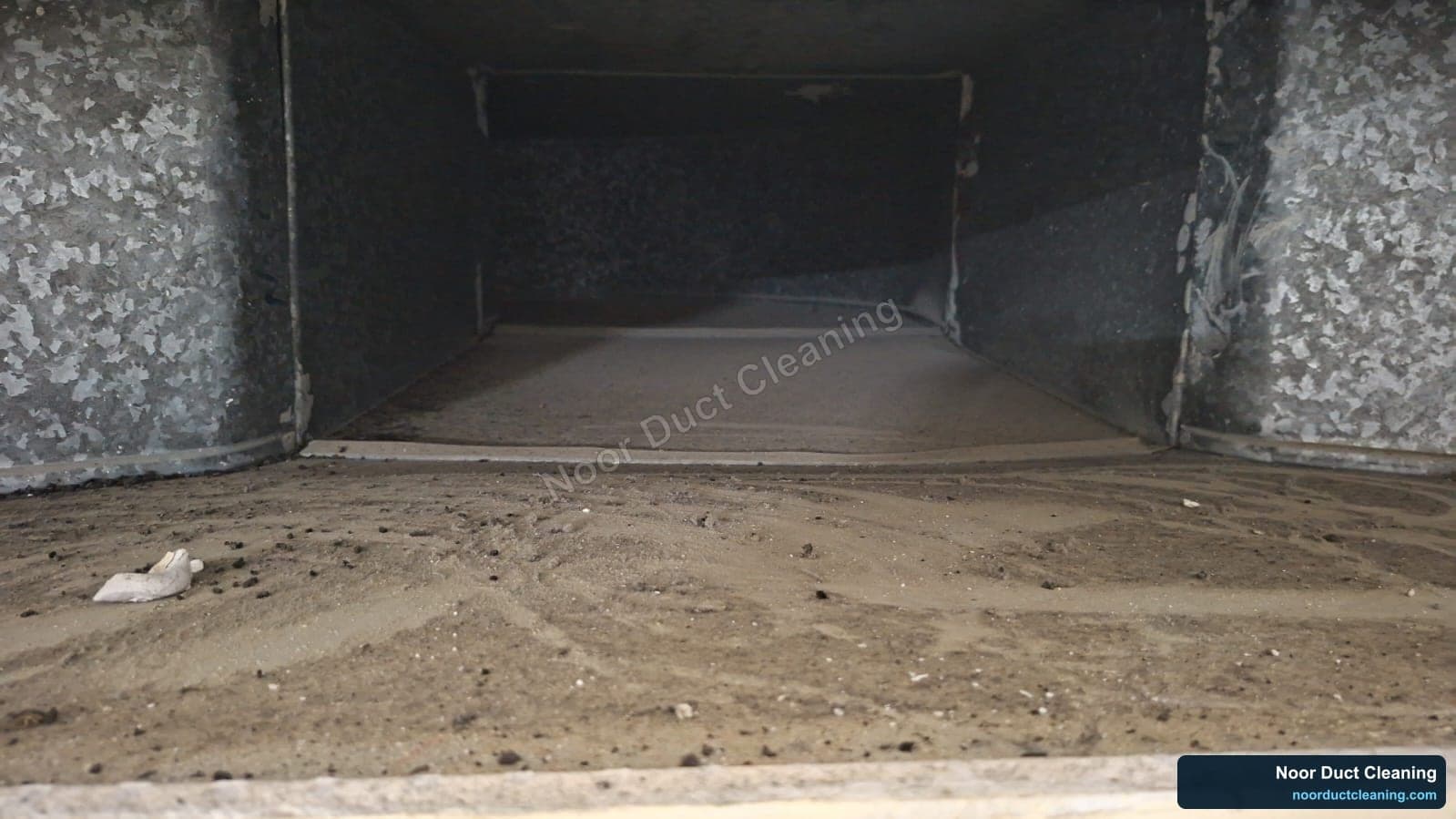 Inside an AC air duct before and after professional cleaning by Noor Duct Cleaning, genuine UAE job, dust and debris removed