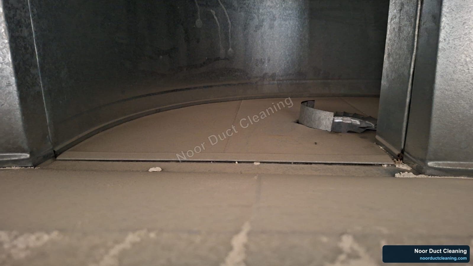 Inside an AC air duct before and after professional cleaning by Noor Duct Cleaning, genuine UAE job, dust and debris removed