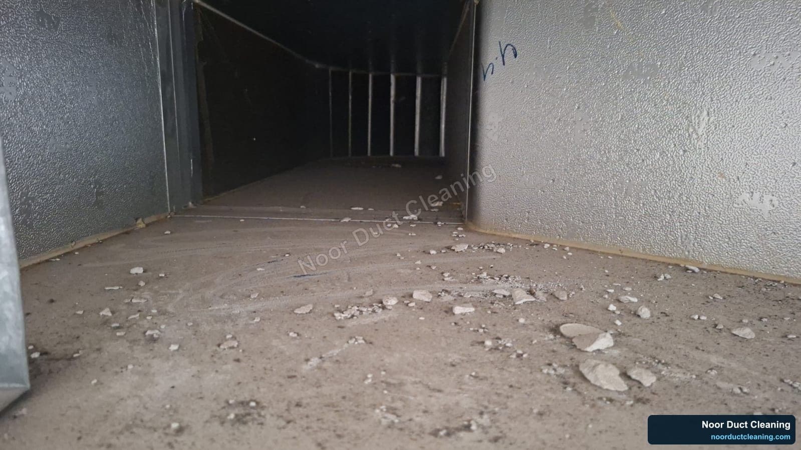 Inside an AC air duct before and after professional cleaning by Noor Duct Cleaning, genuine UAE job, dust and debris removed