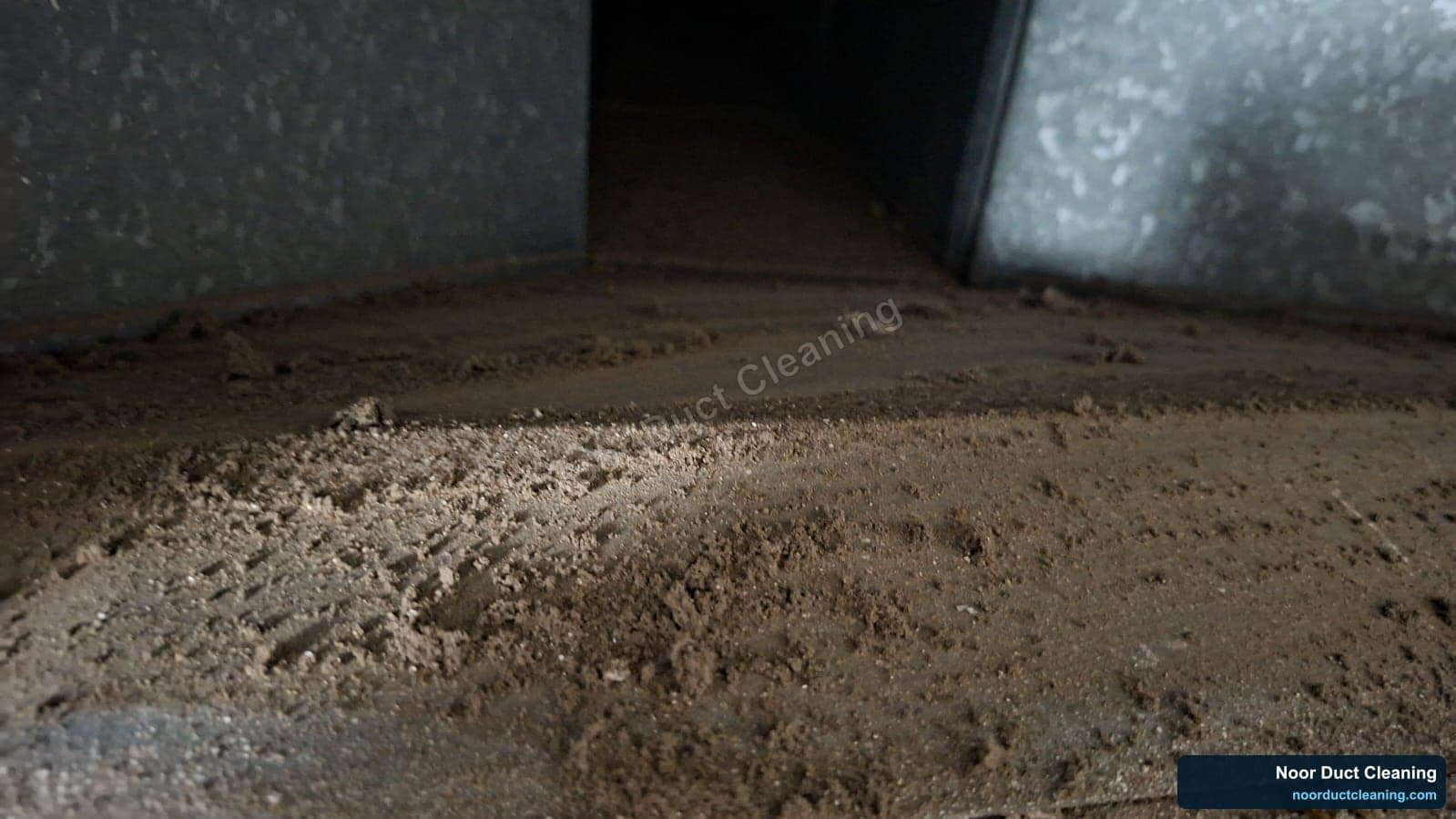 Inside an AC air duct before and after professional cleaning by Noor Duct Cleaning, genuine UAE job, dust and debris removed