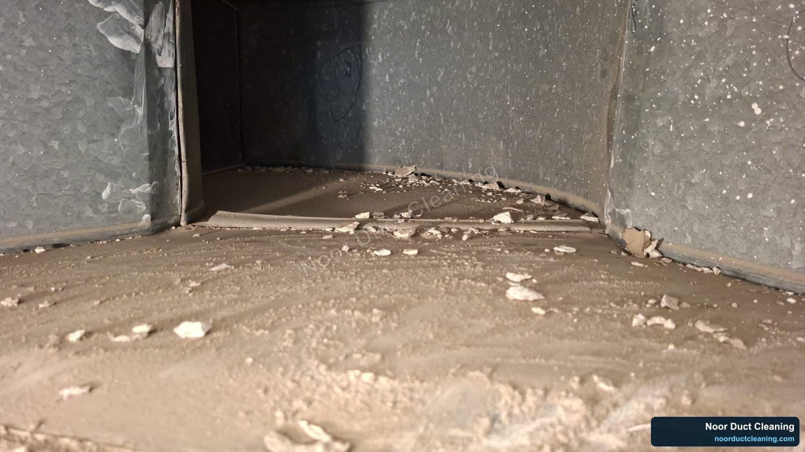 Inside an AC air duct before and after professional cleaning by Noor Duct Cleaning, genuine UAE job, dust and debris removed