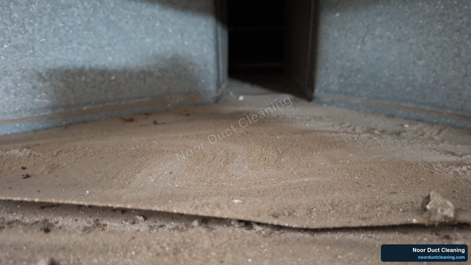 Inside an AC air duct before and after professional cleaning by Noor Duct Cleaning, genuine UAE job, dust and debris removed