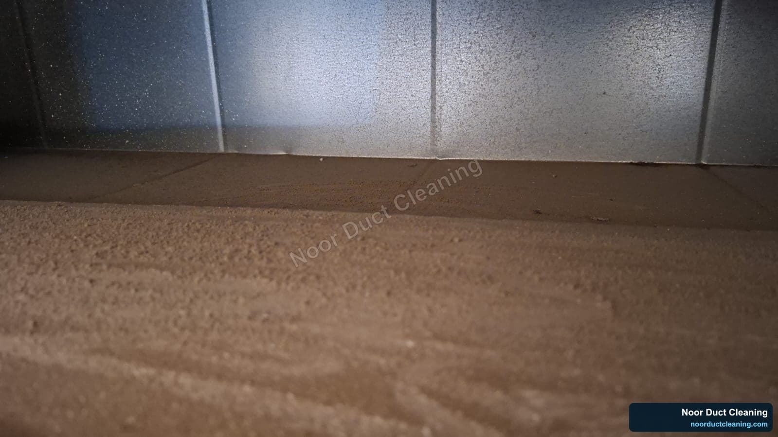 Inside an AC air duct before and after professional cleaning by Noor Duct Cleaning, genuine UAE job, dust and debris removed