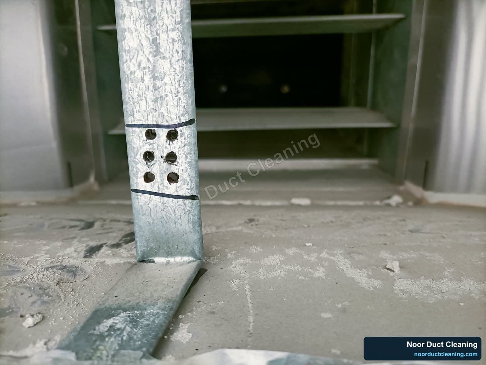 Inside an AC air duct before and after professional cleaning by Noor Duct Cleaning, genuine UAE job, dust and debris removed
